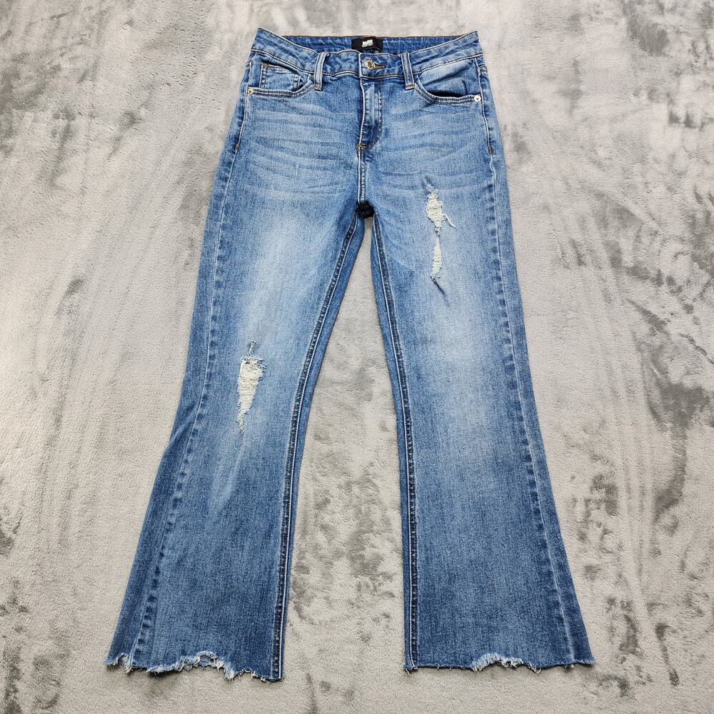I&M Black Label Jeans Womens 5 Juniors Blue Mid Rise Flare Distressed Raw‎ Hem